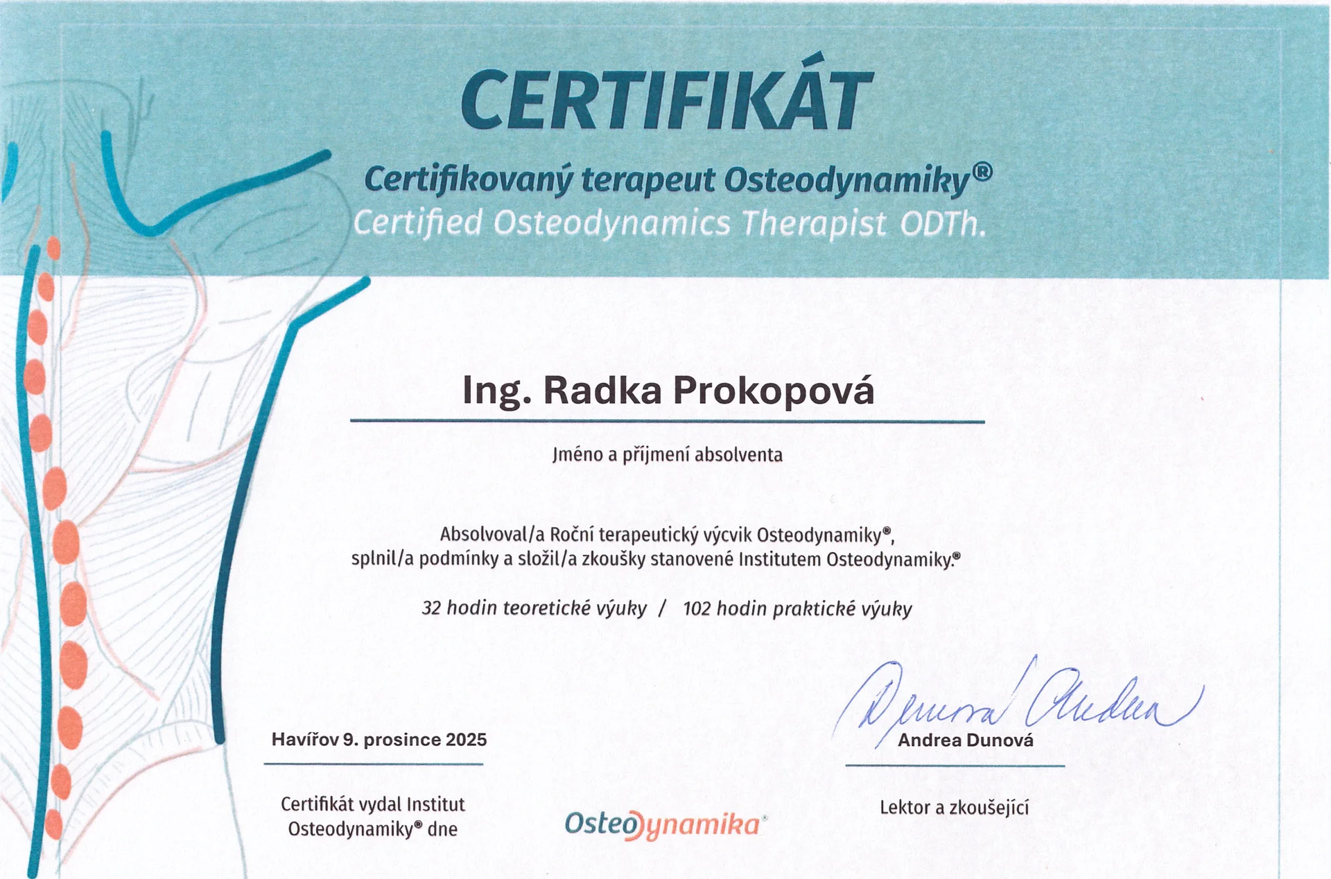 Certifikát – certifikovaný terapeut Osteodynamiky® Ing. Radka Prokopová